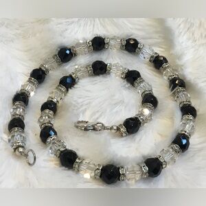 925 Silver Faceted Glass Crystal Beaded Necklace Rhinestone Accents 16” Vintage
